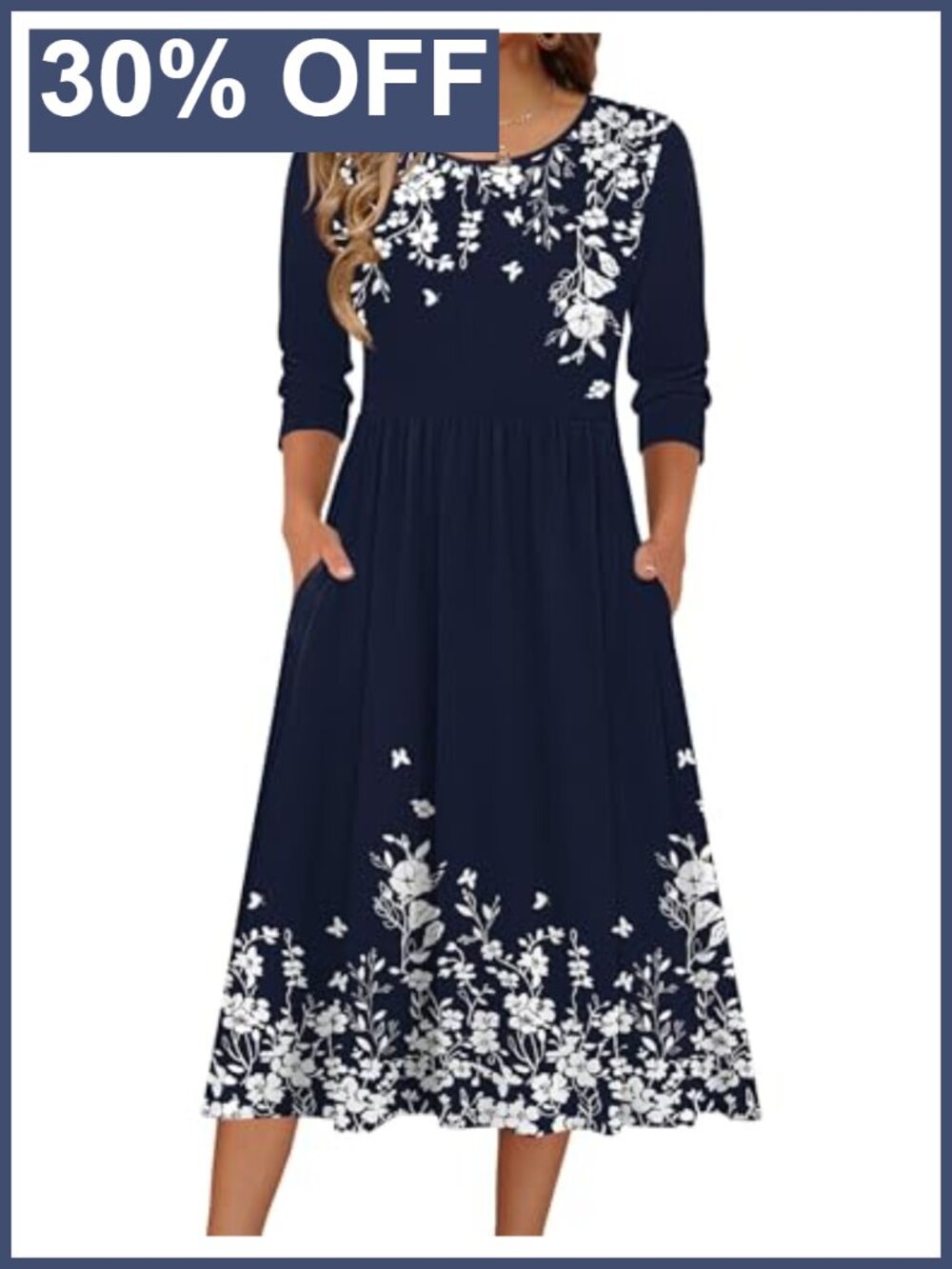 Women's Casual Aline Midi Dress 3/4 Sleeve with Pockets